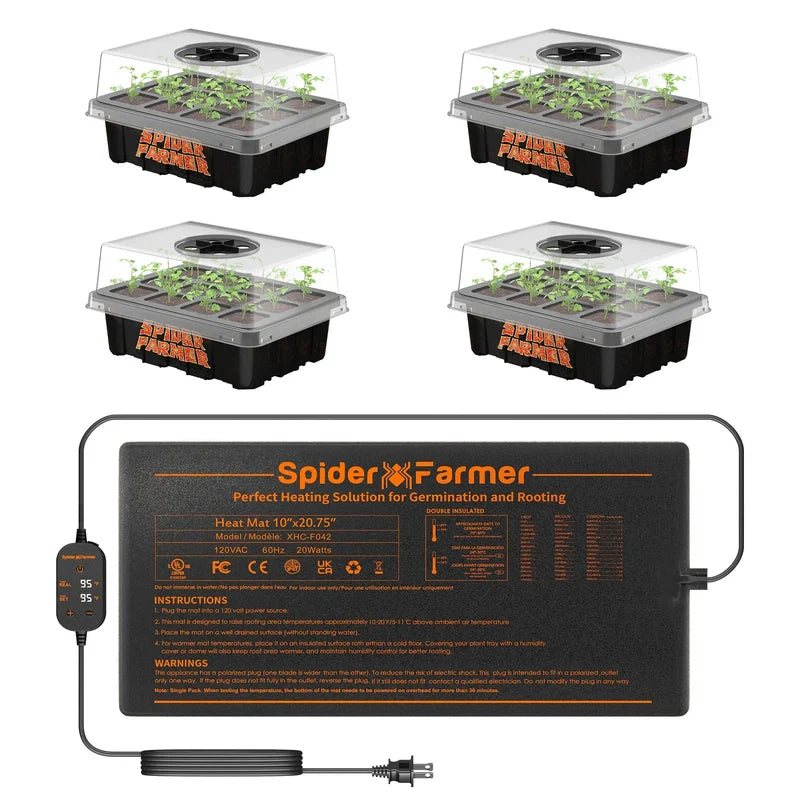 Spider Farmer Waterproof 10”X20.75” Seedling Heat Mat With 4 Pack Seed Starter Trays for Indoor Gardening