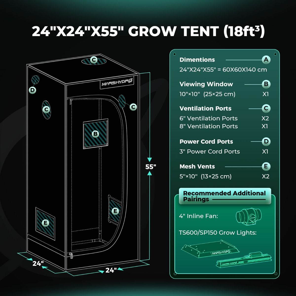 Mars Hydro TS 600 + 2'x2' Complete Indoor Grow Tent Kit