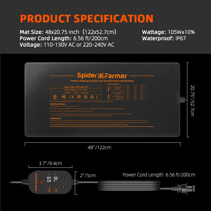 Spider Farmer 48”X20.75” Seedling Heat Mat and Digital Thermostat for Germination