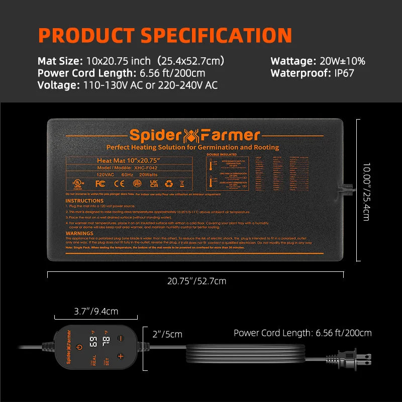 Spider Farmer Waterproof 10”X20.75” Seedling Heat Mat for Germination Indoor Gardening