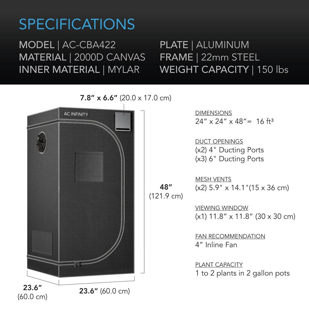 AC Infinity CLOUDLAB 422, Advance Grow Tent 2X2, 2000D Diamond Mylar Canvas, 24" X 24" X 48"