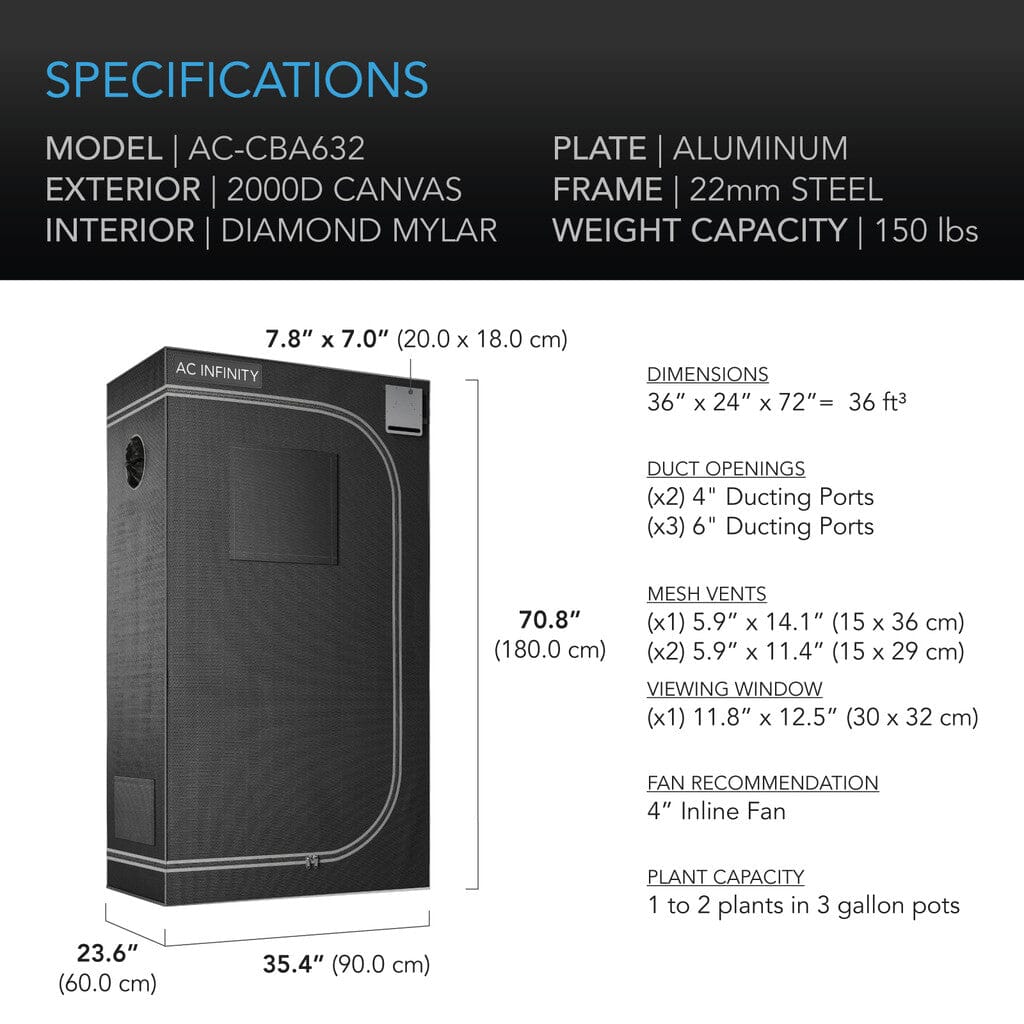 AC Infinity CLOUDLAB 632, Advance Grow Tent 3X2, 2000D Diamond Mylar Canvas, 36" X 24" X 72"