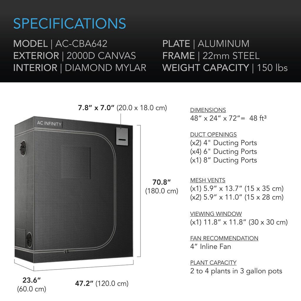 AC Infinity CLOUDLAB 642, Advance Grow Tent 4X2, 2000D Diamond Mylar Canvas, 48" X 24" X 72"
