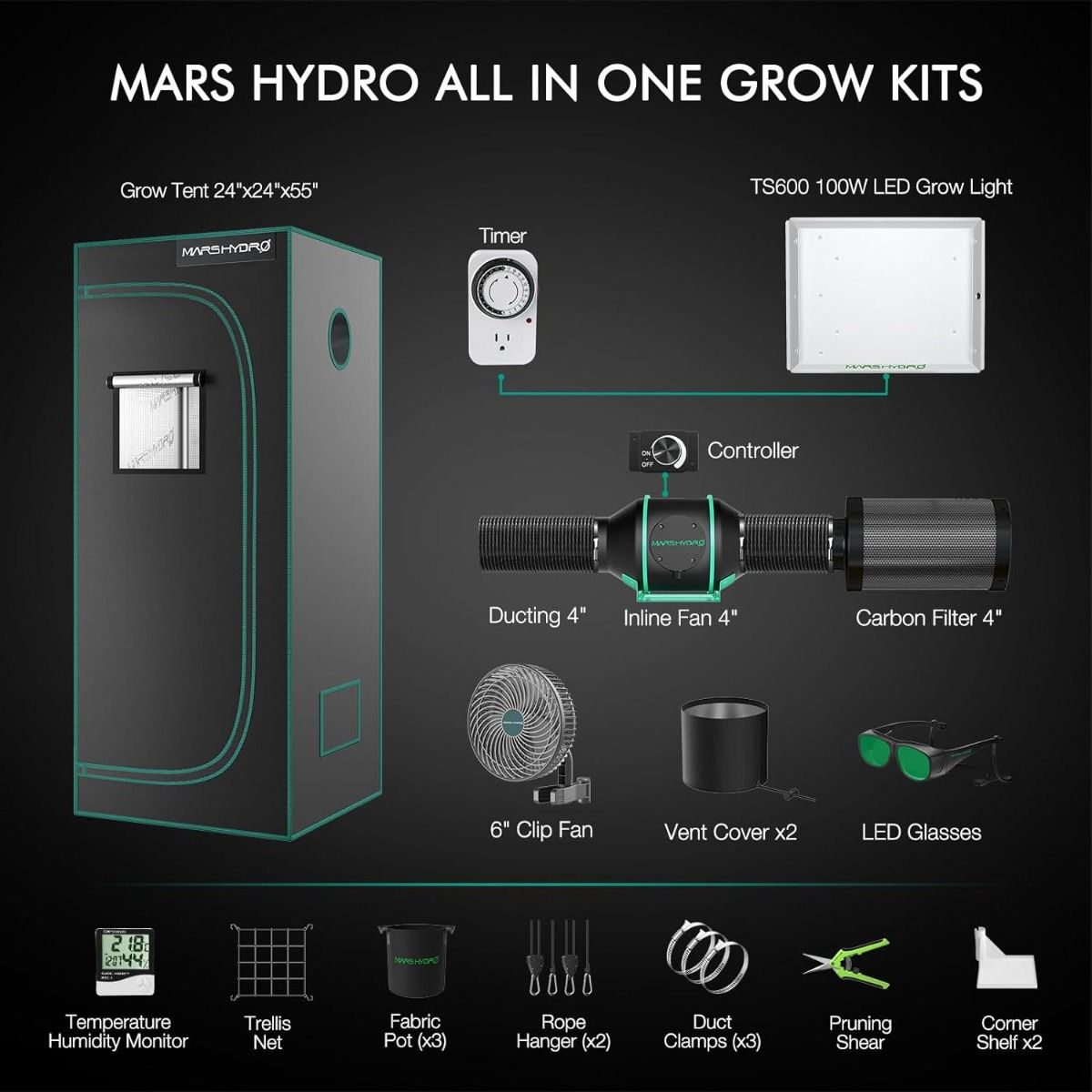Mars Hydro TS 600 + 2'x2' Complete Indoor Grow Tent Kit
